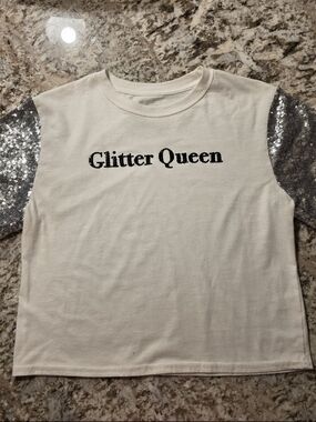 Mighty Fine "Glitter Queen" White Crop Top Tee with Silver Sequin Sleeves